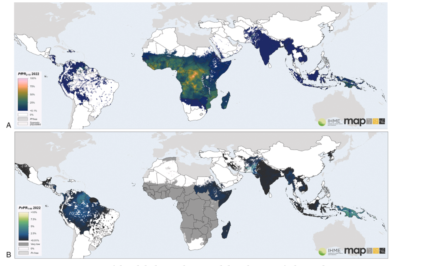 World maps showing global distribution of P. falciparum and P. vivax malaria in 2022